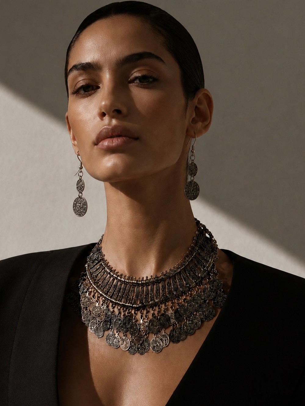 Layered Coin Bib Necklace in Silver Tone